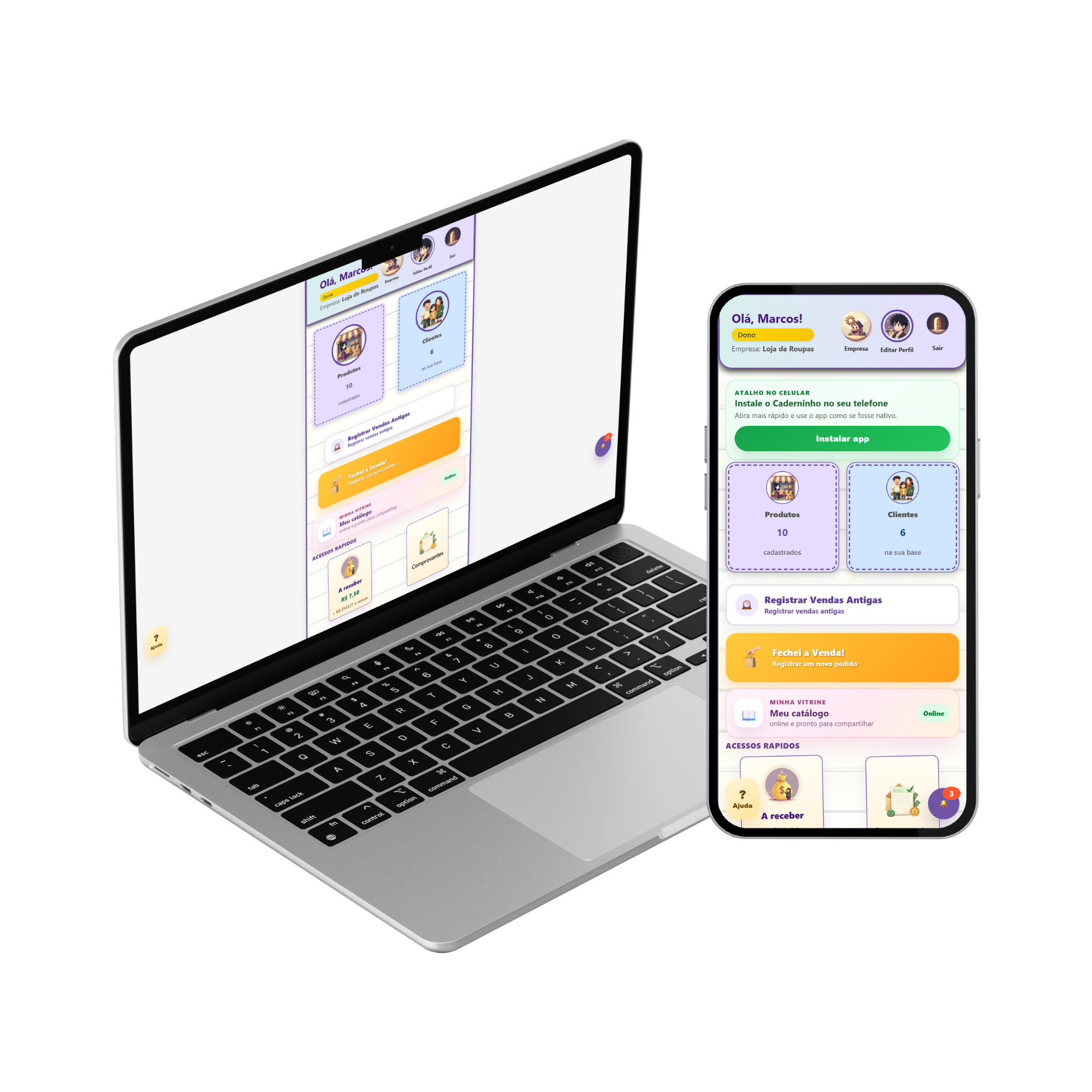 Mockup do Tá no Caderninho no desktop e no celular